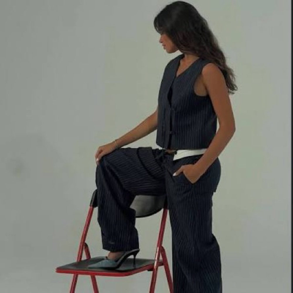 Zara Navy Pinstripe Vest and Wide Leg Pants